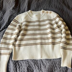 ba&sh Cream Striped Crewneck Sweater with Gold Buttons